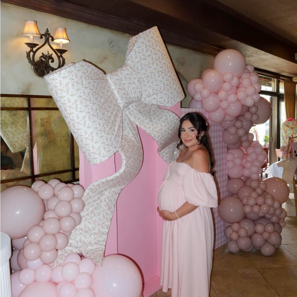Off-Shoulder Pink Maternity Midi Dress - Picture 2 of 4